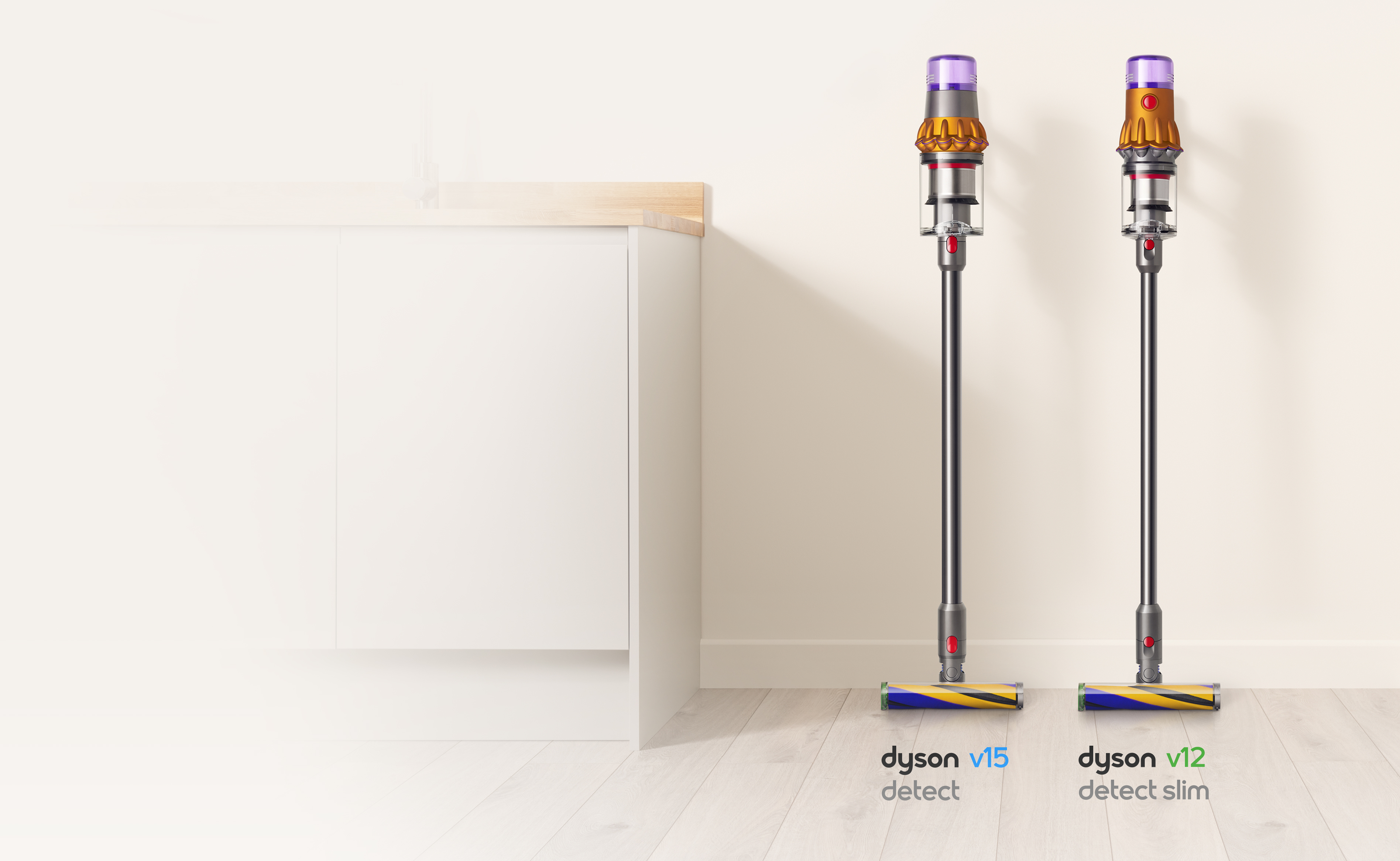 Dyson V15 Detect and Dyson V12 Detect Slim vacuums side by side